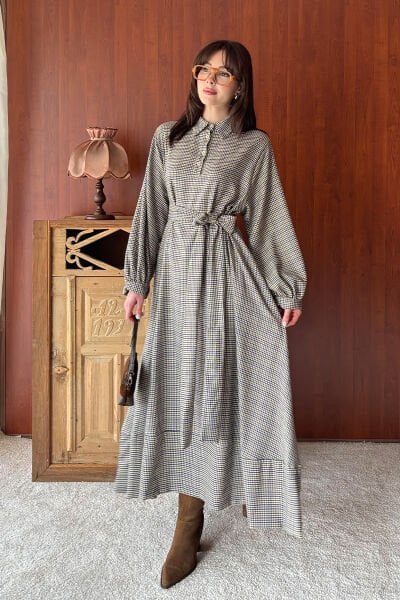 Kaz Ayağı Desenli Vintage Elbise