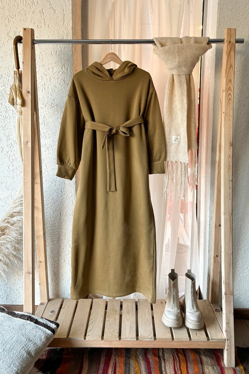 Yağ Yeşili 3 İplik Kapüşonlu Sweat Elbise