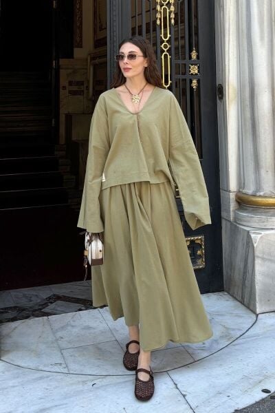 Haki Organik Keten V Yaka Bluz & Haki Organik Keten Balon Etek Takım