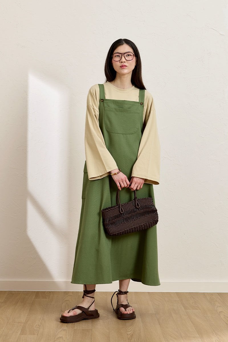 Haki Keten Etekli Salopet & Bej Body Takım