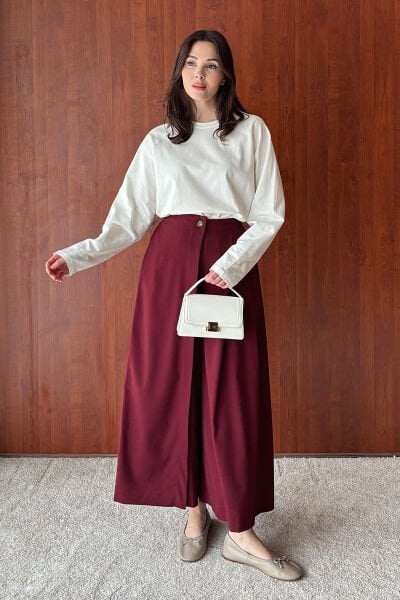Bordo Poliviskon Etekli Pantolon