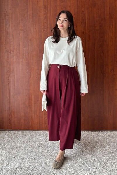 Bordo Poliviskon Etekli Pantolon