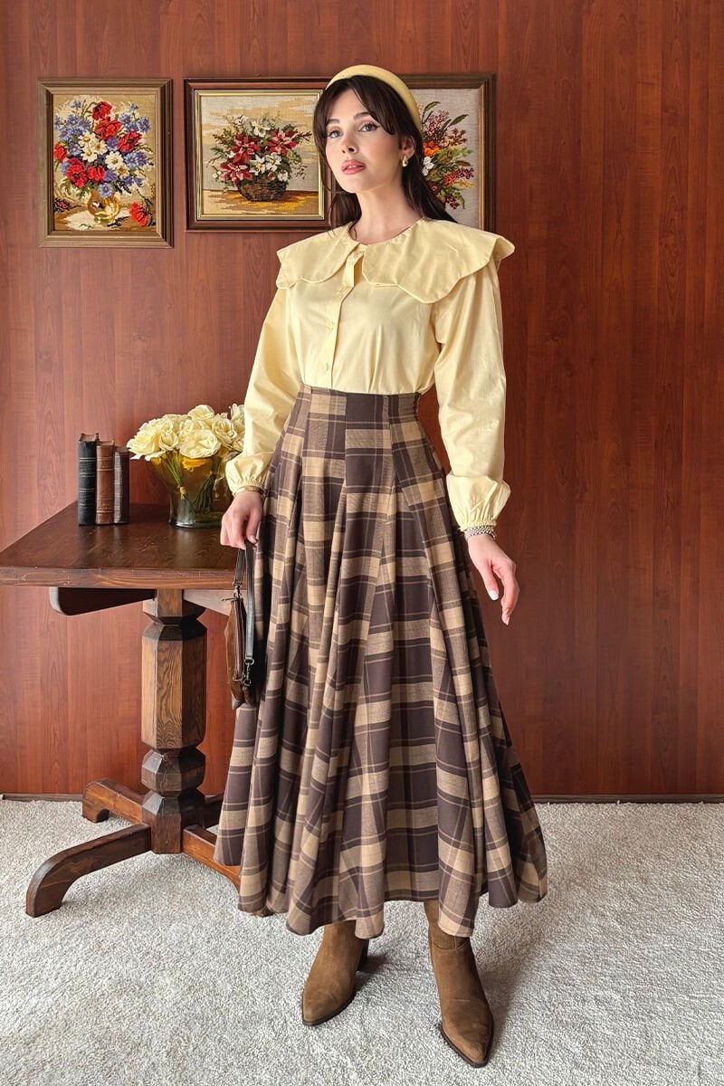 Karamel Ekoseli Parçalı Etek