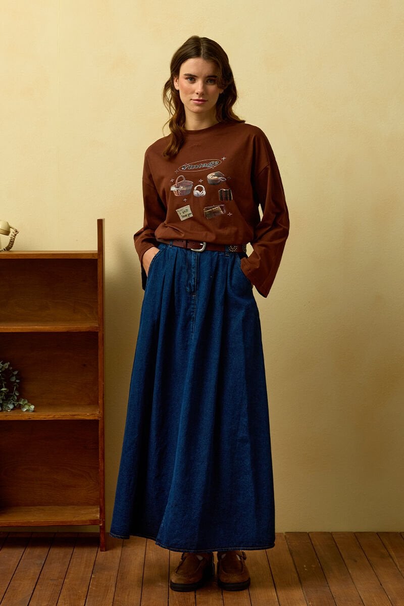 Acı Kahve Vintage Baskılı Basic Body & Kot Tek Düğmeli Etek Takım