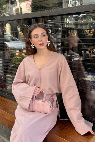 Soft Pembe Organik Keten V Yaka Bluz