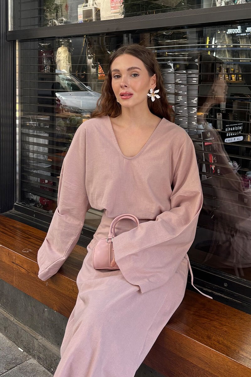 Gül Kurusu Organik Keten V Yaka Bluz