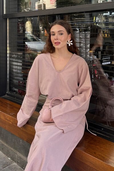 Gül Kurusu Organik Keten V Yaka Bluz