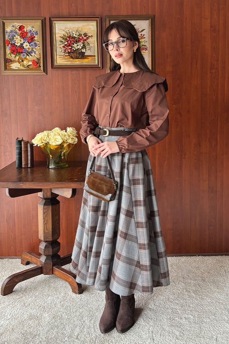 Antrasit Ekoseli Parçalı Etek