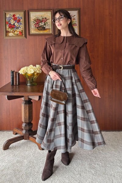 Antrasit Ekoseli Parçalı Etek