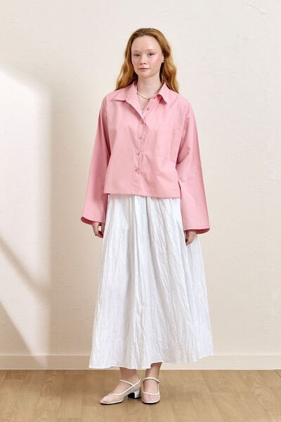 Soft Pembe Tek Cepli Crop Gömlek & Beyaz Kraşlı Balon Etek