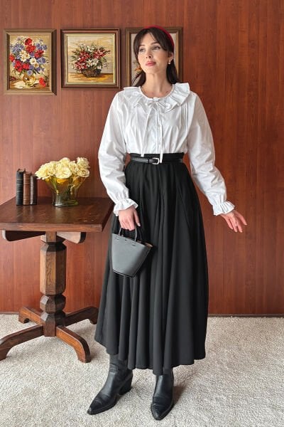 Siyah Koton Parçalı Etek