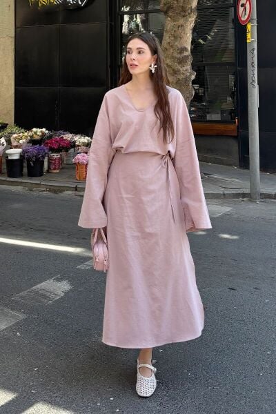 Soft Pembe Organik Keten V Yaka Bluz &  Organik Keten Anvelop Etek Takım