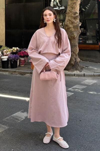 Soft Pembe Organik Keten V Yaka Bluz &  Organik Keten Anvelop Etek Takım
