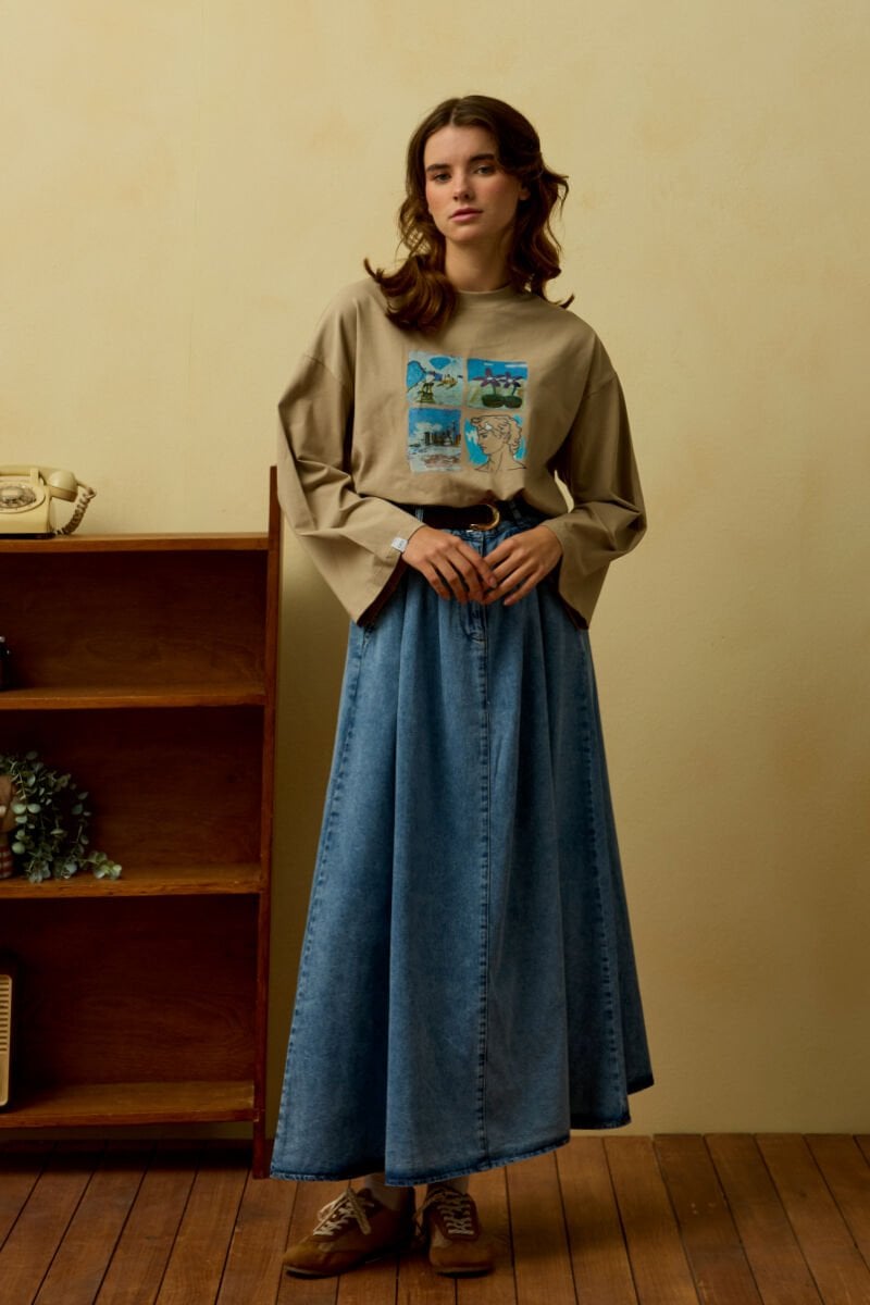 Taş Summer Baskılı Basic Body & Buz Mavi Kot Tek Düğmeli Etek Takım