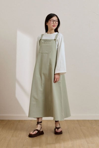 Küf Yeşili Keten Etekli Salopet & Ekru Body Takım