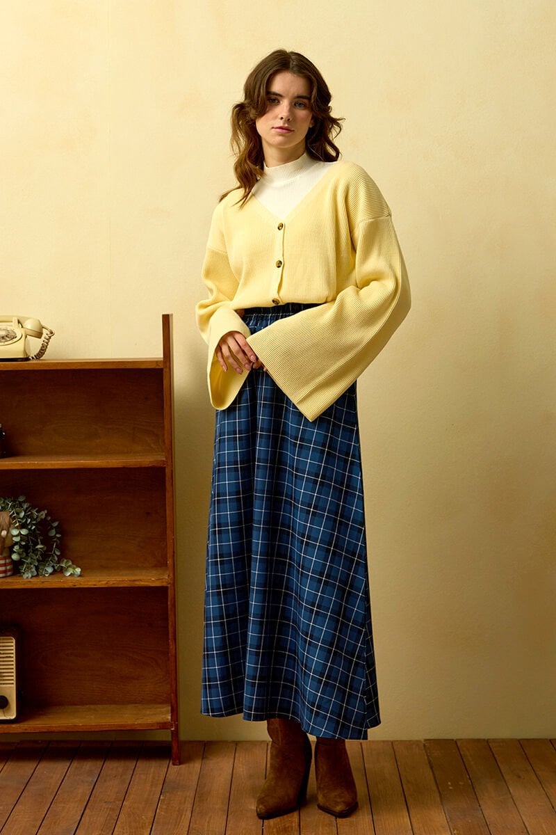 Soft Sarı İspanyol Kol Triko Hırka & İndigo Ekose Kloş Etek Takım