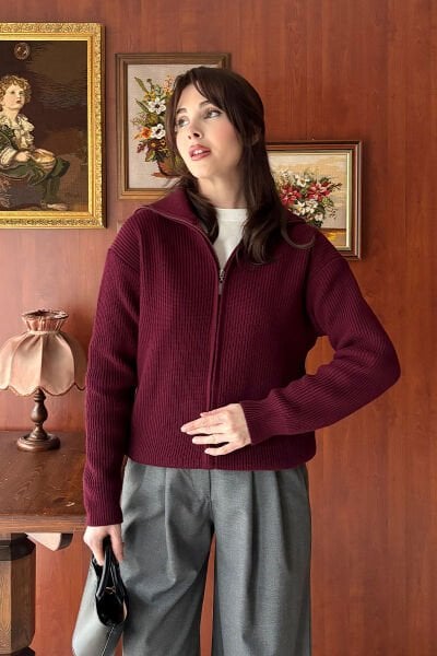 Bordo Fermuarlı Triko Hırka