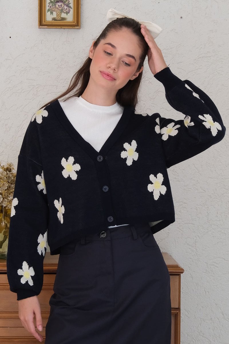 Lacivert Papatya Desen Triko Crop Hırka