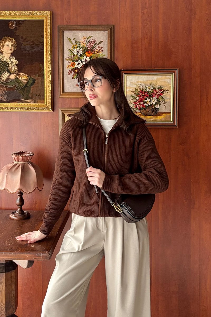 Acı Kahve Fermuarlı Triko Hırka