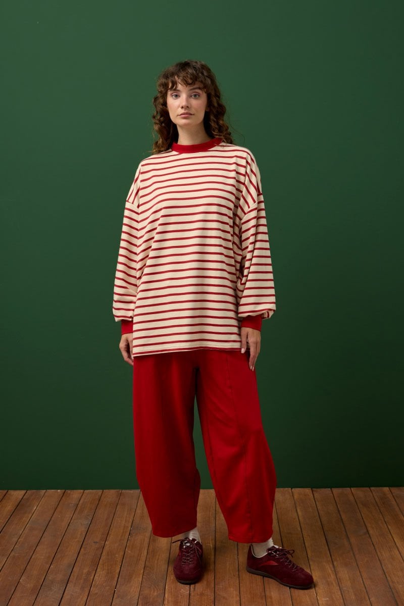 Kırmızı Çizgili Sweat & Şalvar Pantolon Takım