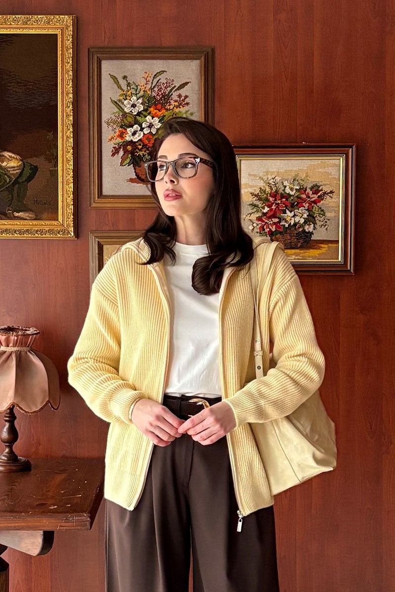 Tereyağ Sarısı Fermuarlı Triko Hırka