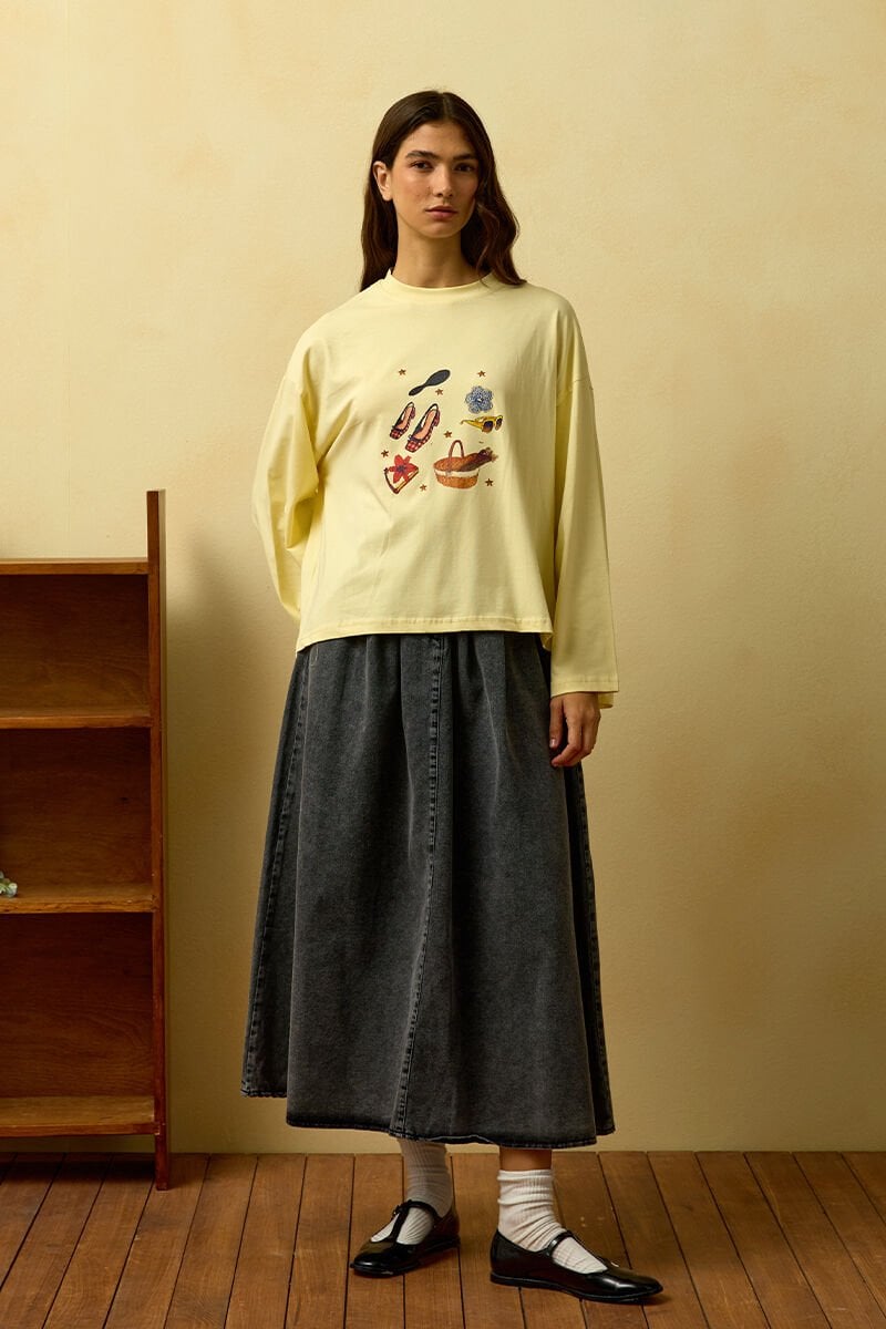 Tereyağ Sarısı Sepet Baskılı Basic Body & Antrasit Kot Tek Düğmeli Etek Takım