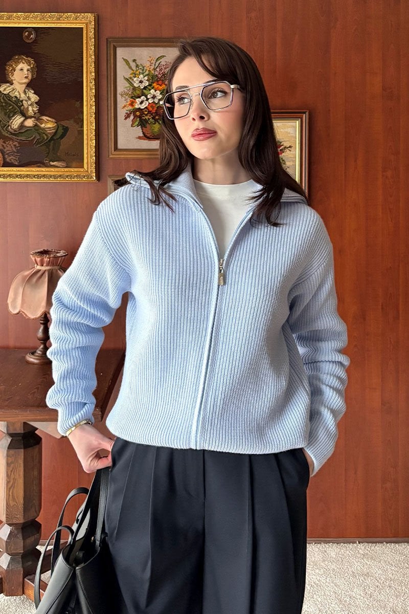 Bebe Mavisi Fermuarlı Triko Hırka