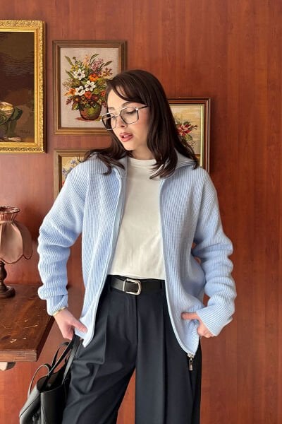 Bebe Mavisi Fermuarlı Triko Hırka