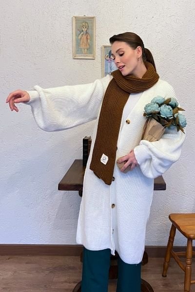 Ekru Uzun Balon Kol Triko Hırka