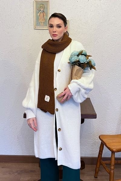 Ekru Uzun Balon Kol Triko Hırka