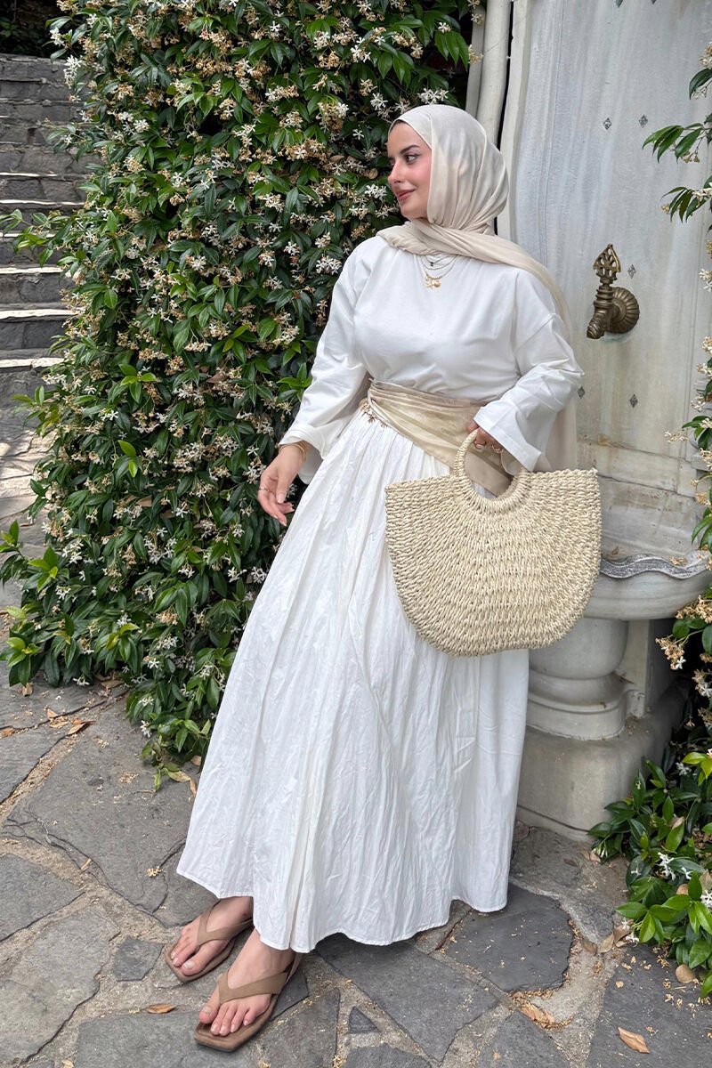 Ekru Body & Beyaz Kraşlı Balon Etek Takım / ZEHRA