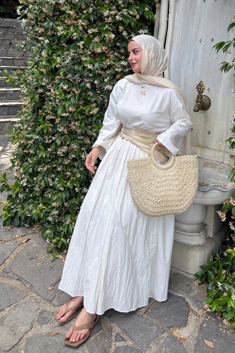 Ekru Body & Beyaz Kraşlı Balon Etek Takım / ZEHRA