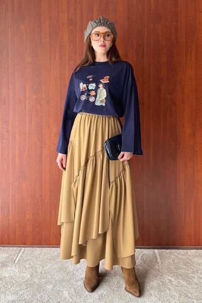 Lacivert Bisiklet Baskılı Basic Body & Karamel Poliviskon Bohem Kat Etek Takım