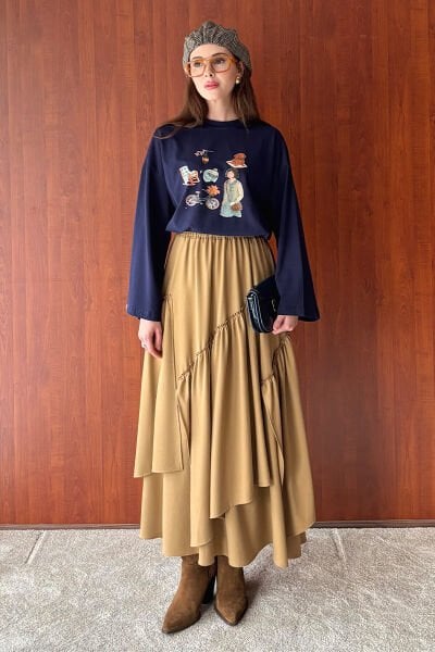 Lacivert Bisiklet Baskılı Basic Body & Karamel Poliviskon Bohem Kat Etek Takım