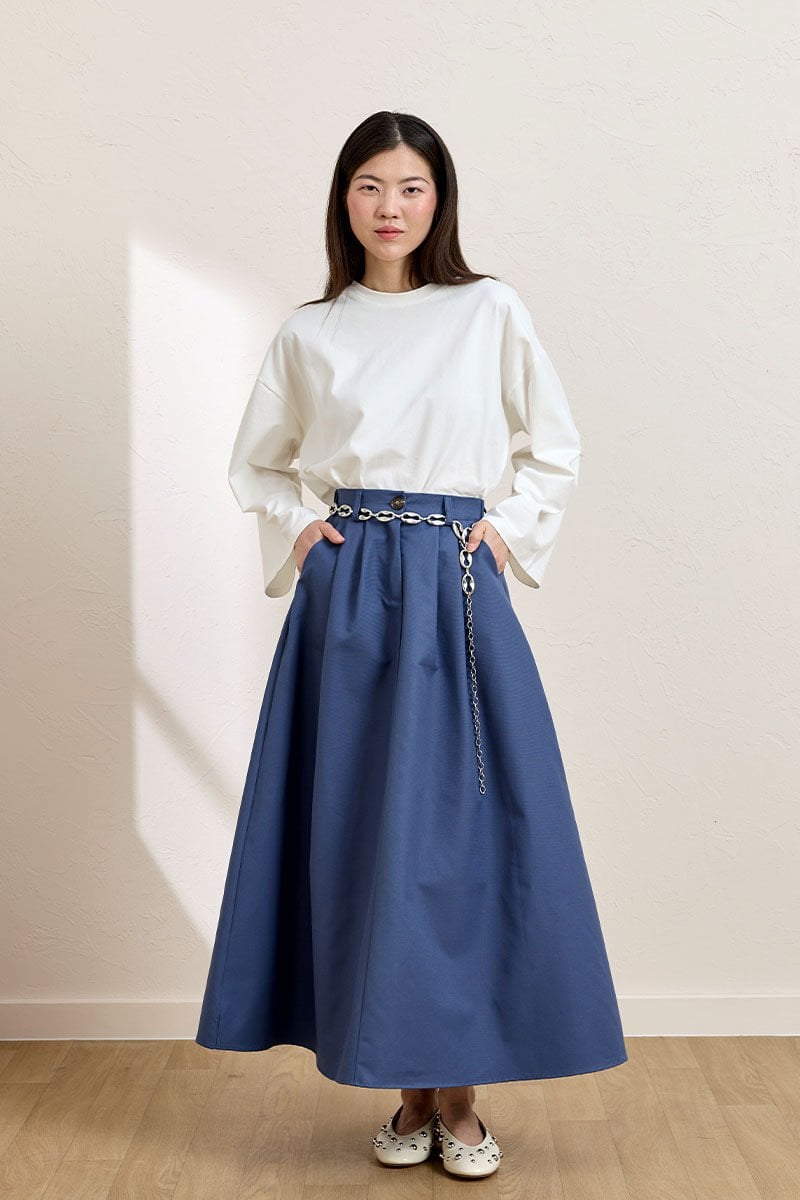 İndigo keten Tek Düğmeli Etek