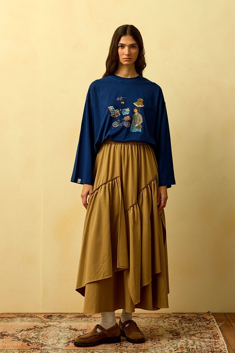 Lacivert Bisiklet Baskılı Basic Body & Karamel Poliviskon Bohem Kat Etek Takım