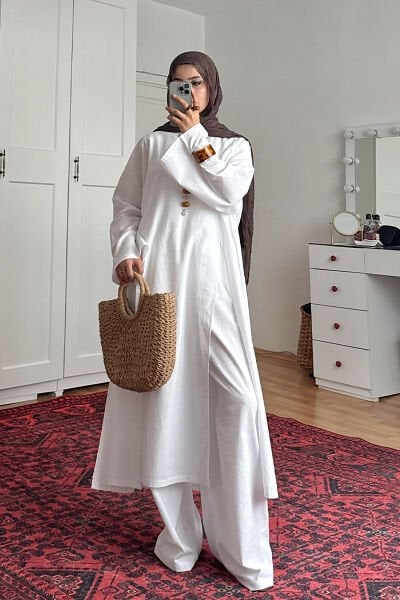 Beyaz Organik Keten Parçalı Tunik Pantolon Takım