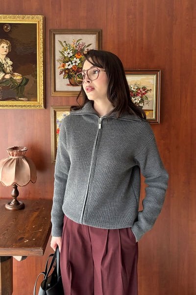 Antrasit Fermuarlı Triko Hırka