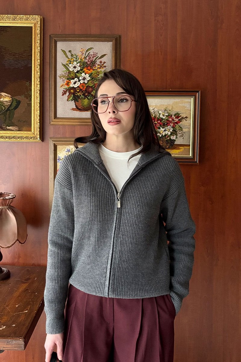 Antrasit Fermuarlı Triko Hırka