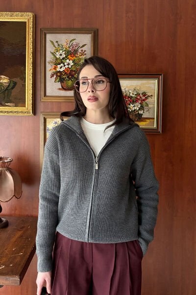 Antrasit Fermuarlı Triko Hırka