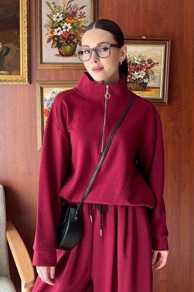 Bordo 3 İplik Yarım Fermuarlı Sweat
