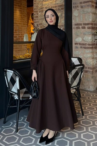 Acı Kahve Krep Korsaj Detay Elbise