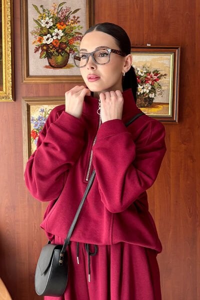 Bordo 3 İplik Yarım Fermuarlı Sweat