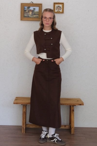 Acı Kahve Çapraz Düğmeli Vintage Yelek Etek Takım