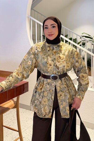 Haki Gül Desenli Vintage Gömlek