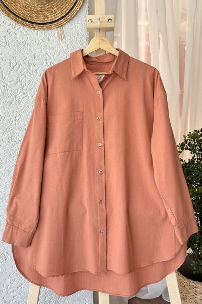 Soft Turuncu Organik Keten Cepli Kısa Gömlek