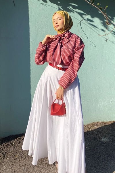 Bordo Çizgili Fularlı Gömlek